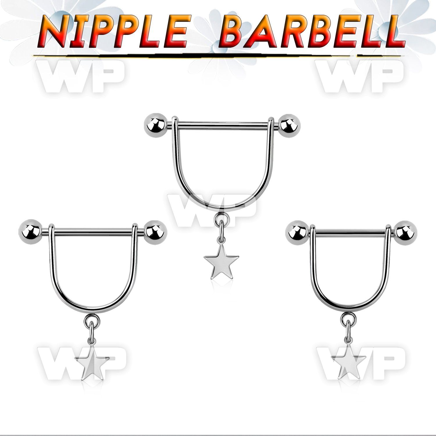 steel nipple stirrup w a barbell & a dangling steel star