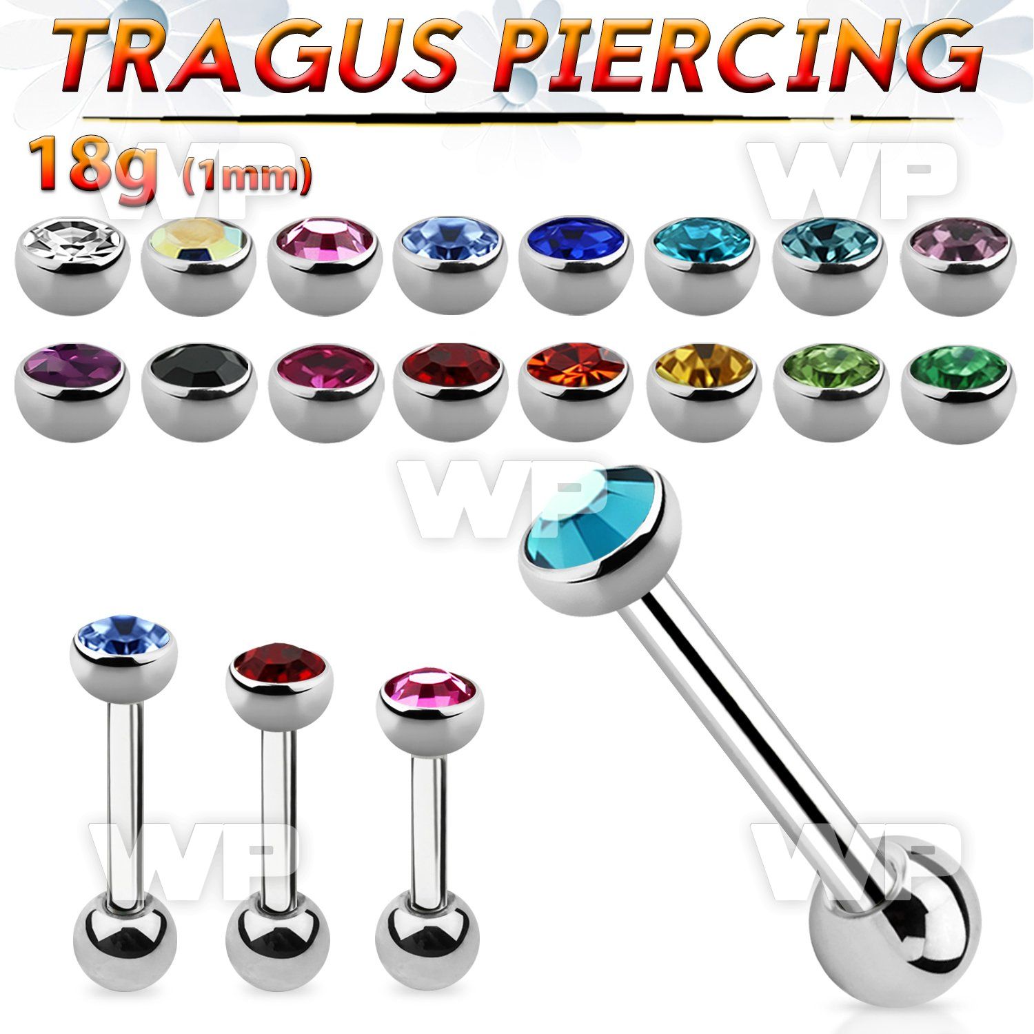 steel tragus barbell 1mm w top 3mm half jewel ball