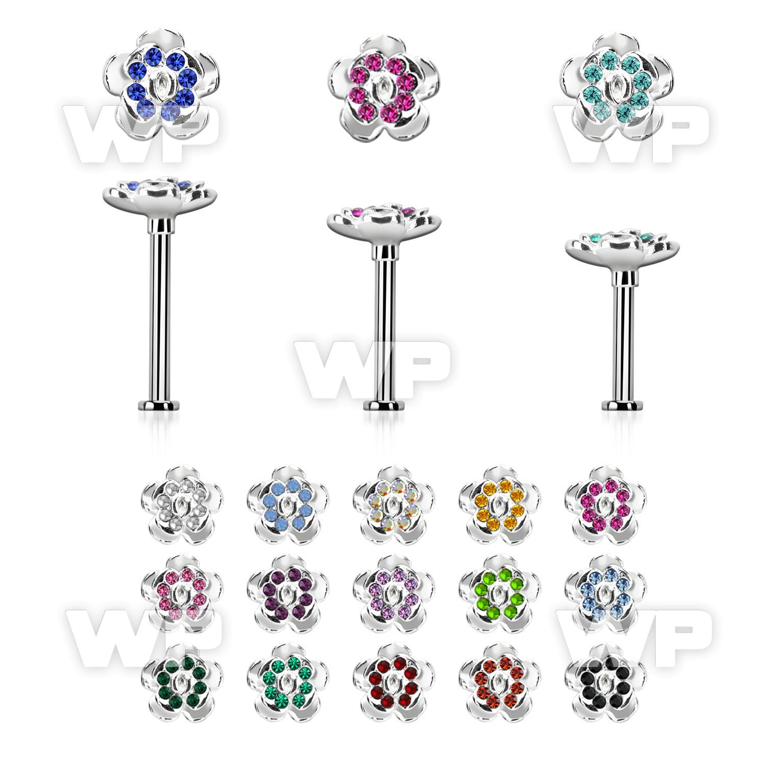 tlb38 steel tragus labret w a crystal flower upper part