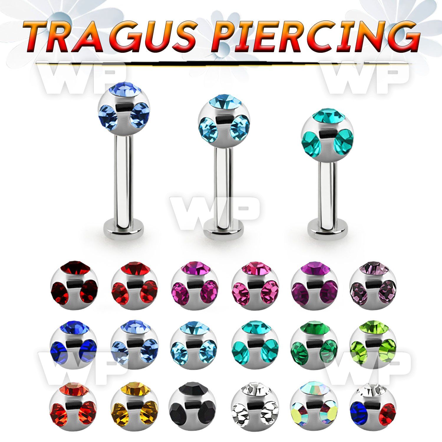 tlbca4 316l steel tragus labret 16g w 4mm multi jewel ball 
