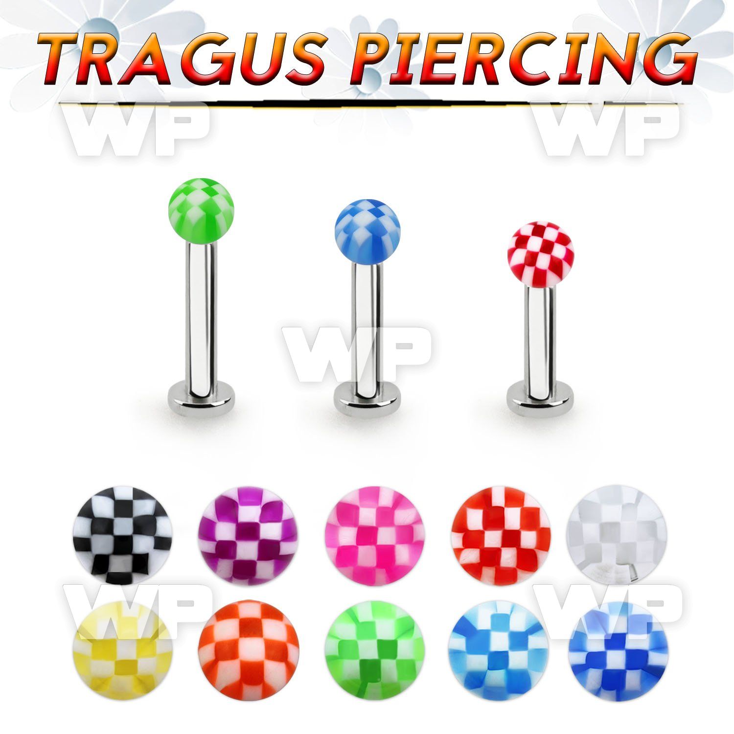 tlbckb3 316l steel tragus labret 16g w a 3mm uv checkered ball 