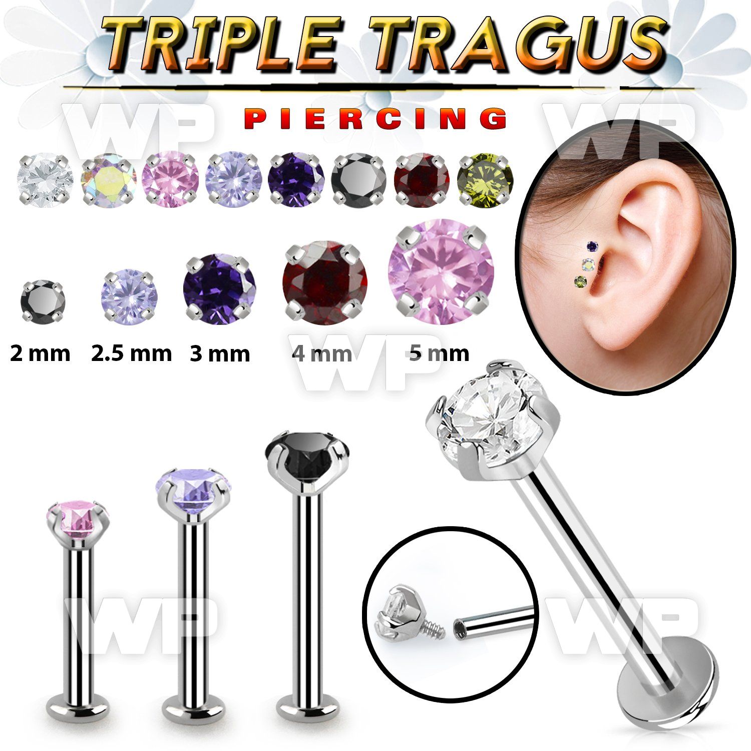 tlbczin 316l steel internal tragus labret w 2 5mm prong set cz