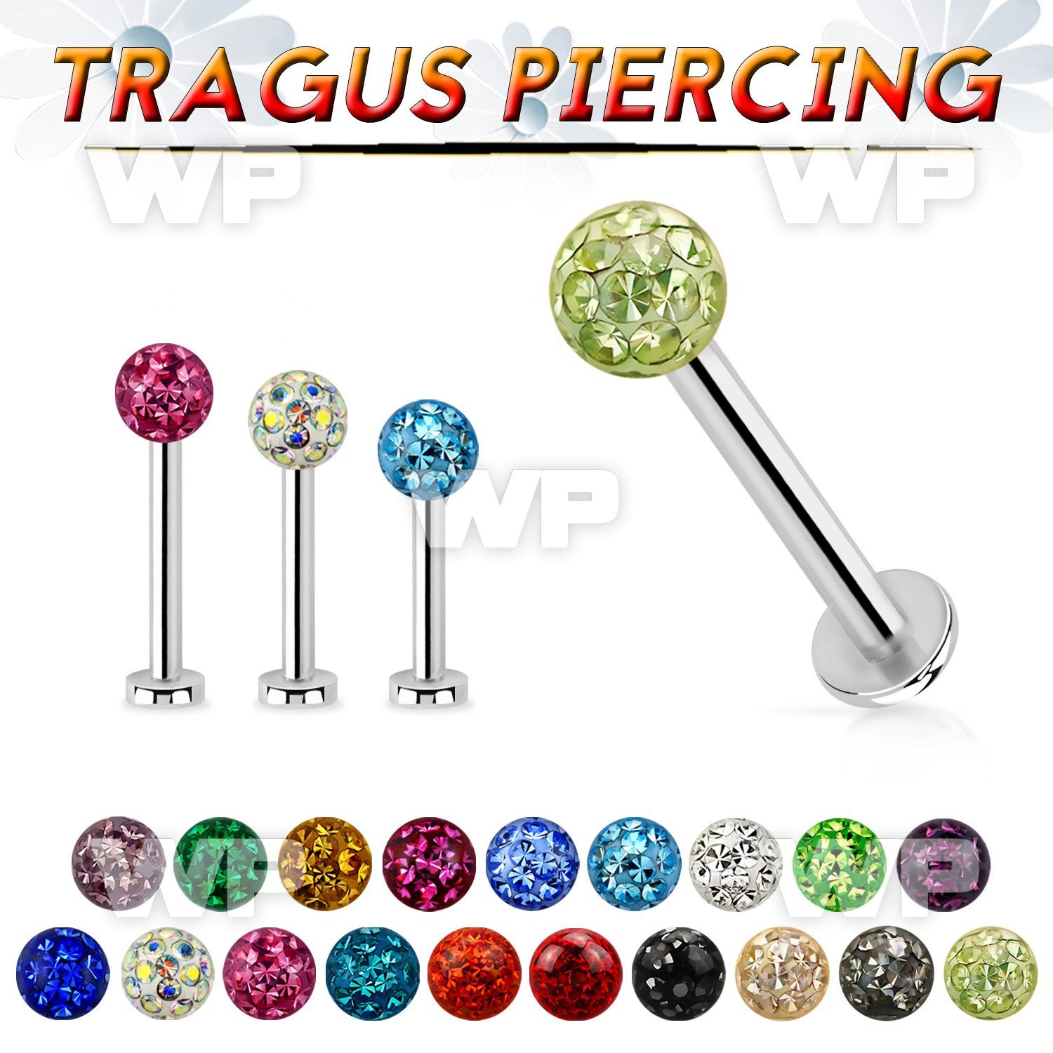 tlbfr3 316l steel tragus labret 16g w a 3mm multi crystal ball