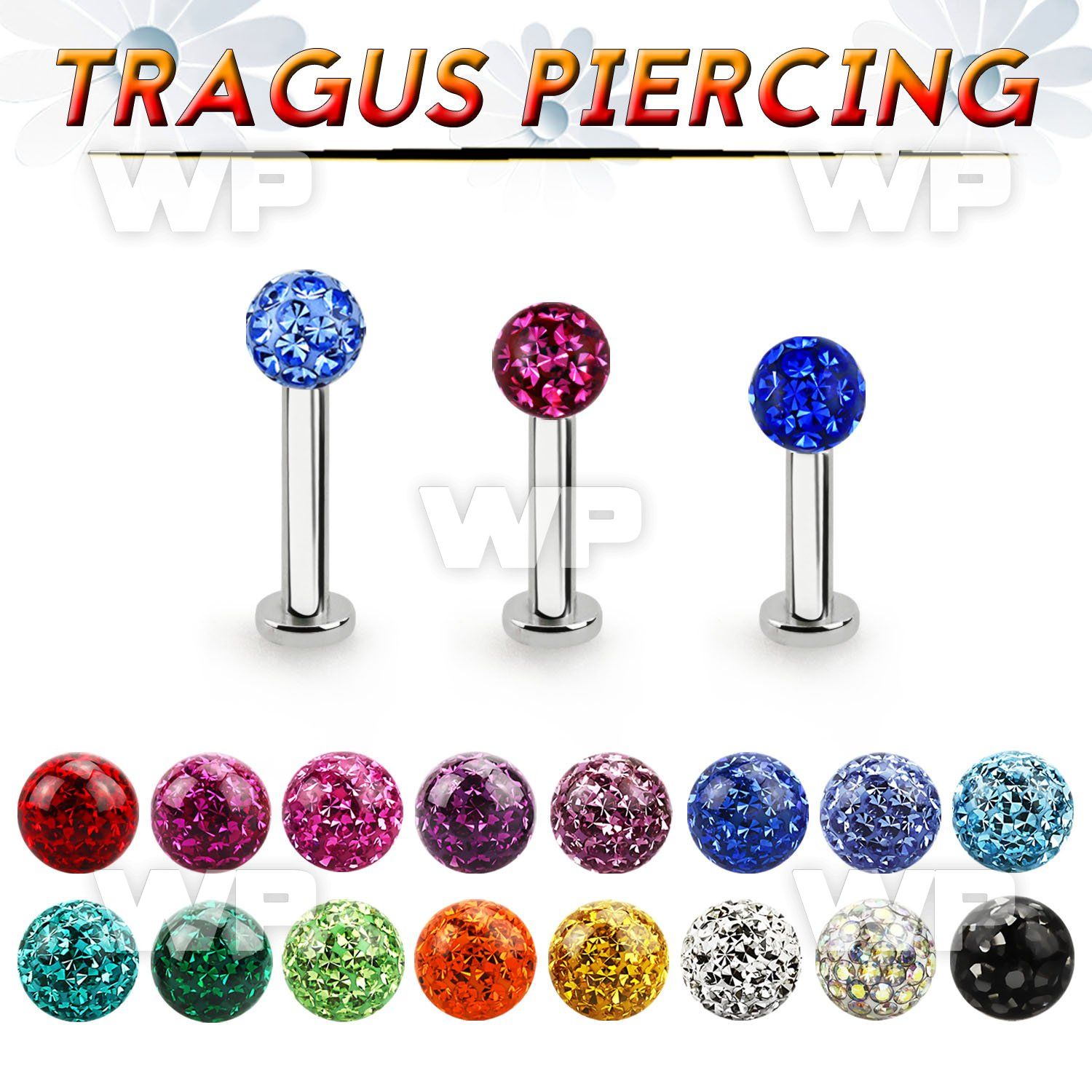 tlbfr4s 316l steel tragus labret 16g w a 4mm multi crystal ball