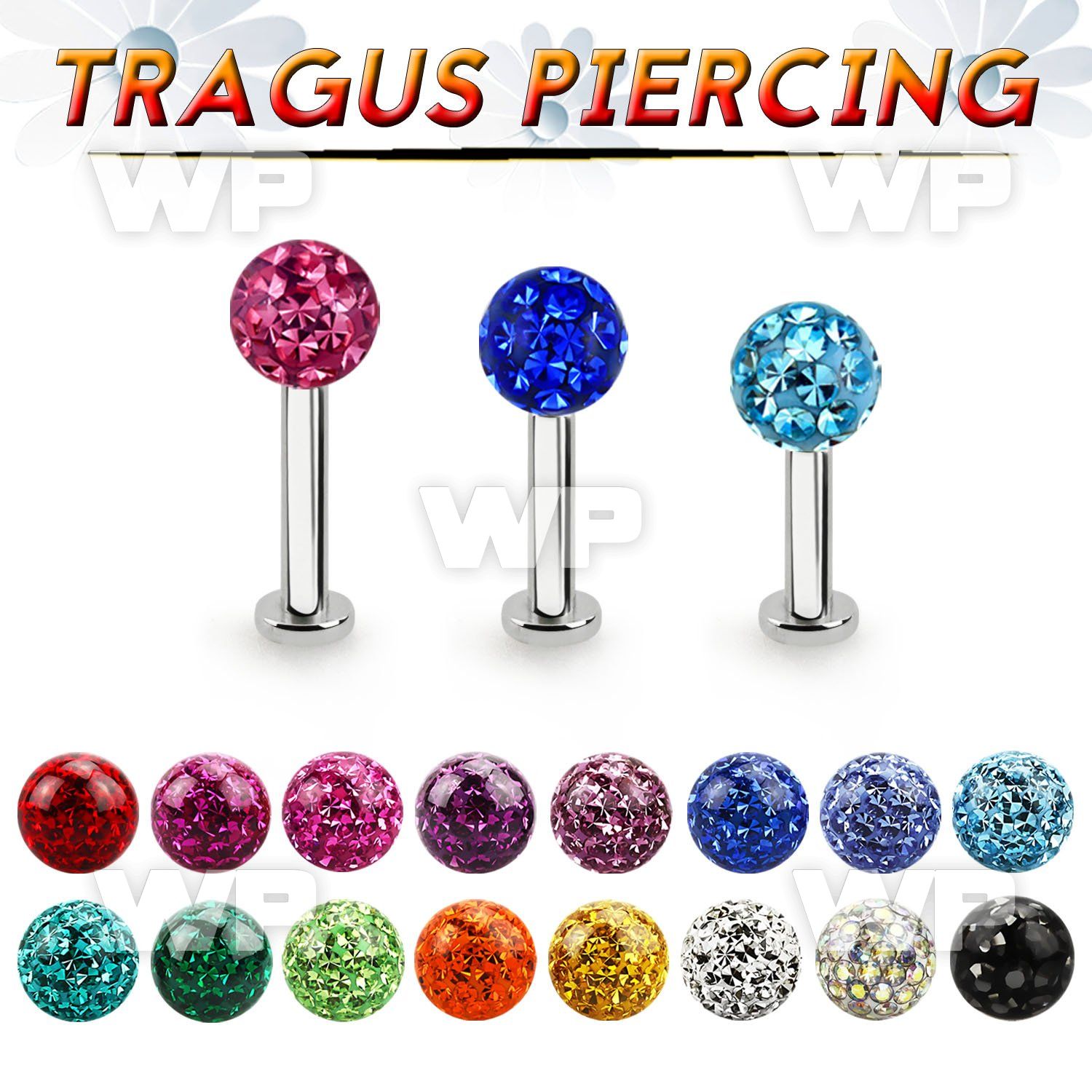 tlbfr5s 316l steel tragus labret 16g w a 5mm multi crystal ball