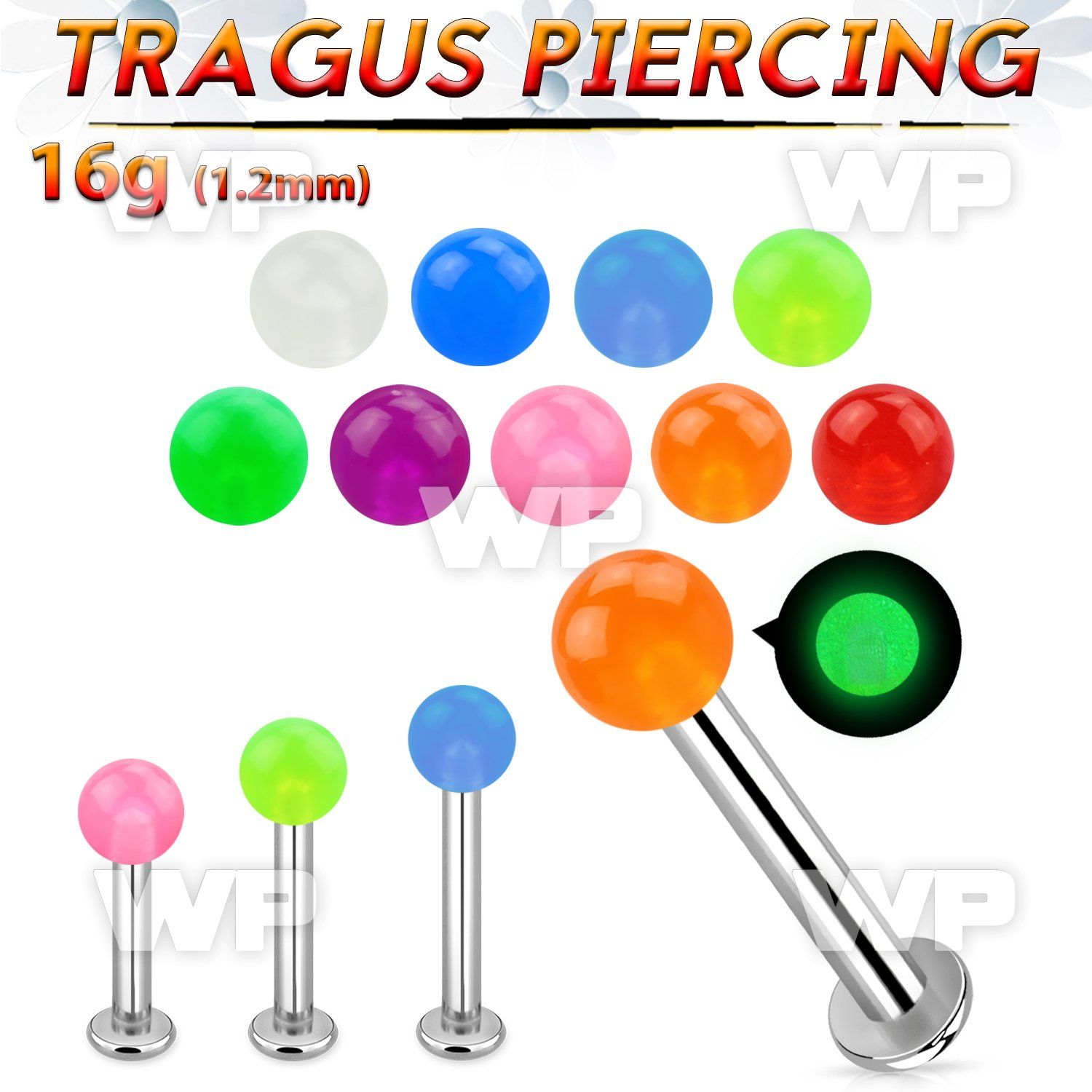 tlbglb3 316l steel tragus labret 16g 3mm glow in the dark ball 