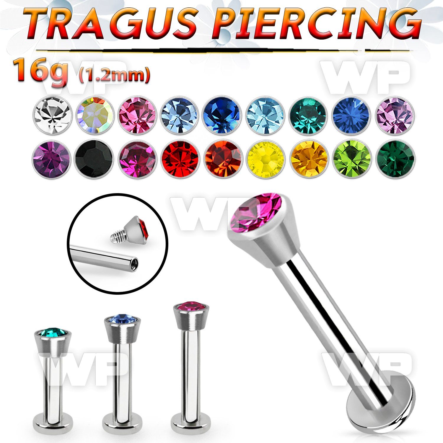 tlbic steel tragus labret w a 2.5mm flat head crystal top