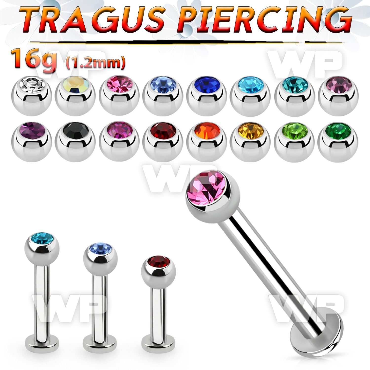 tlbjb25 316l steel tragus labret 16g w 2.5mm jewel ball 