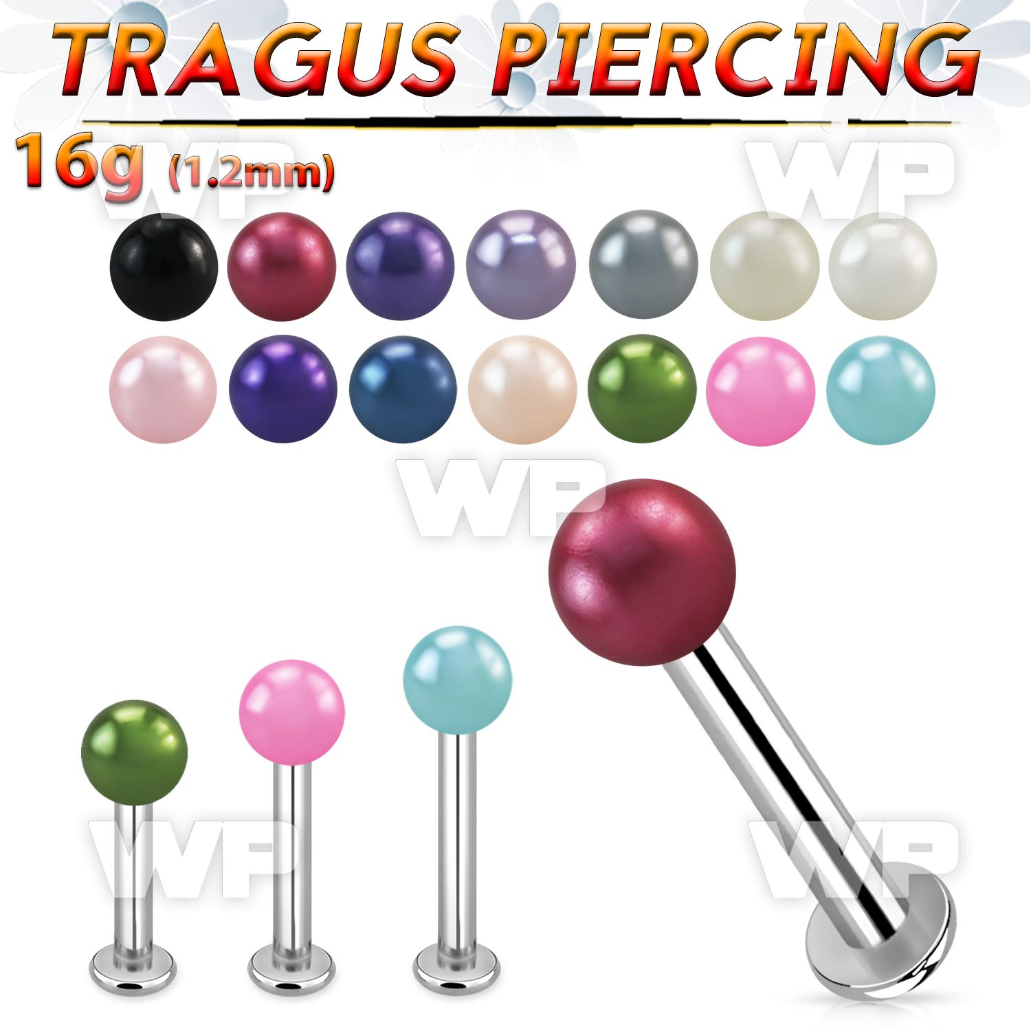 tlbpr3 316l steel tragus labret 16g w a 3mm faux pearl ball 