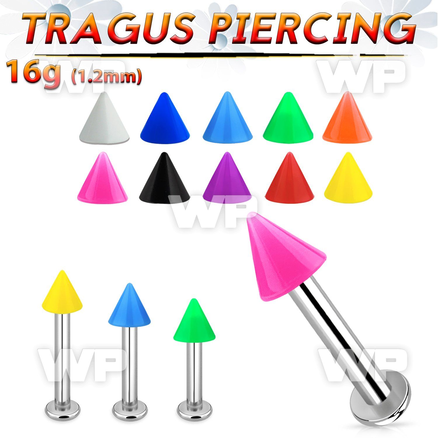 tlbsacn3 316l steel tragus labret 16g w a 3mm solid color cone 