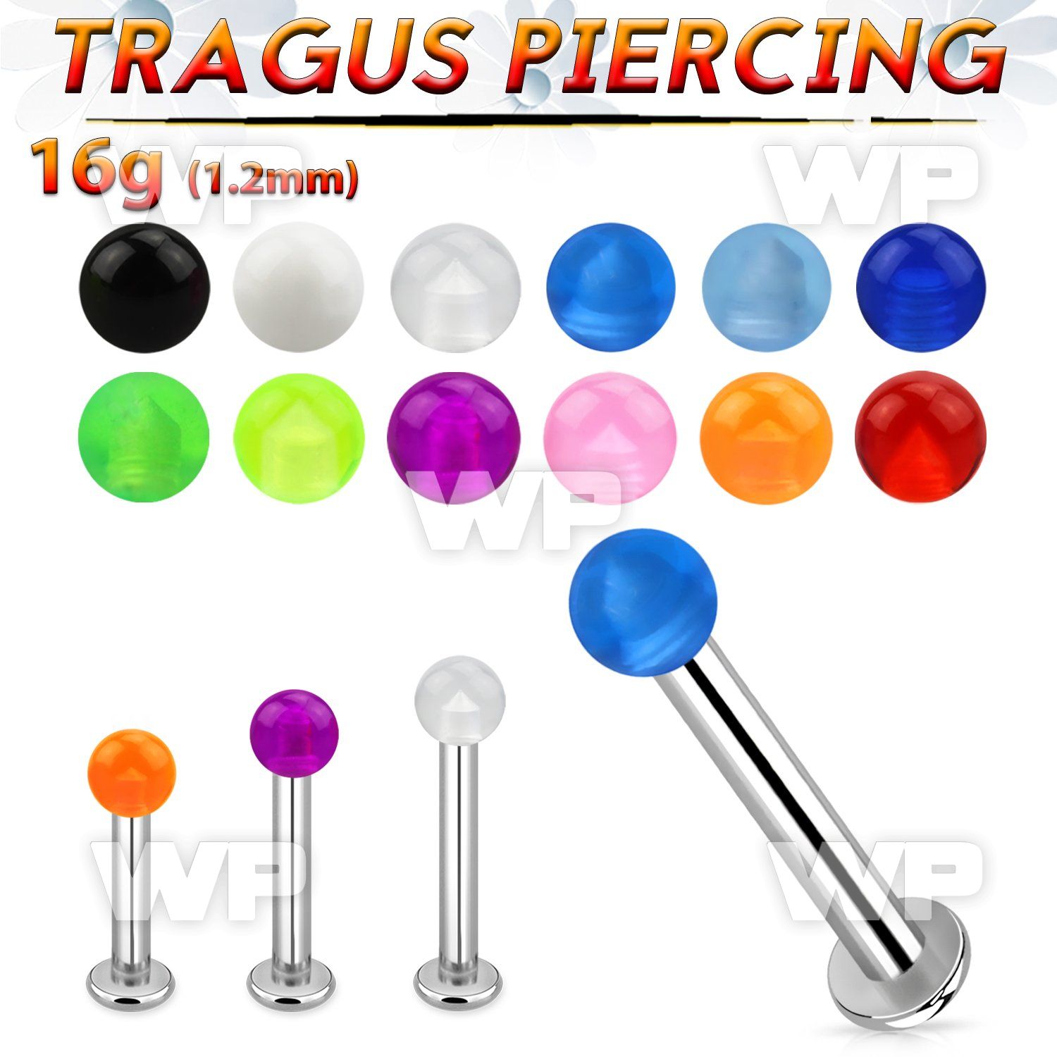 tlbvb25 316l steel tragus labret 16g w a 2.5mm acrylic uv ball 
