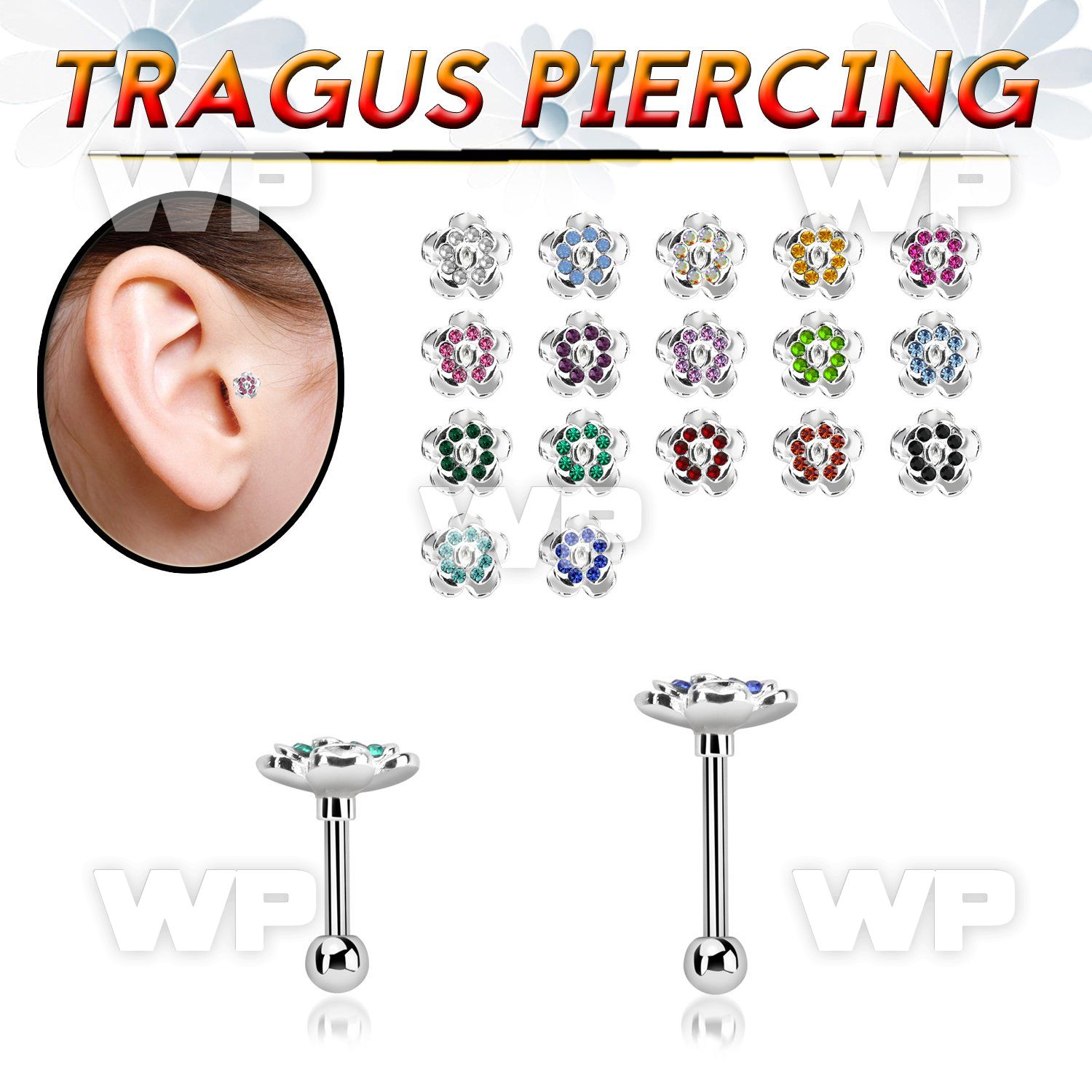 trg38 steel tragus piercing barbell w crystal flower top part