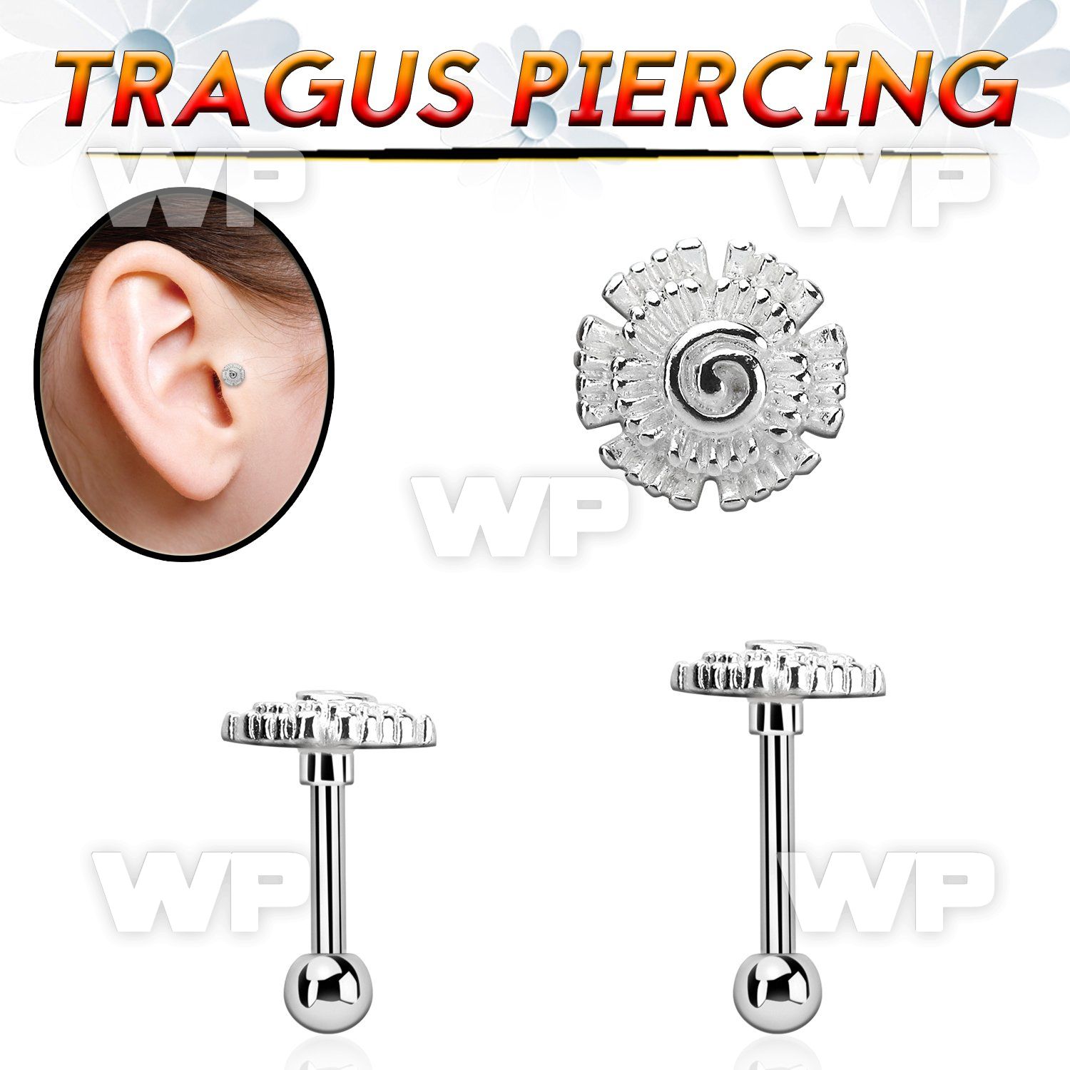 trg39 steel tragus piercing w flower top 3mm steel ball