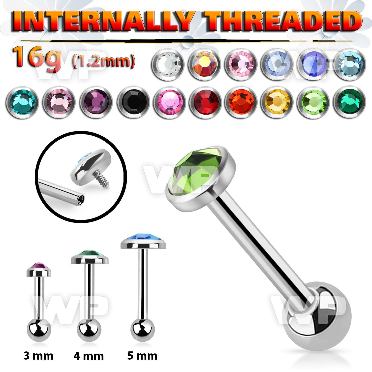 trgfb steel tragus barbell w crystal flat head sized 3mm  5mm