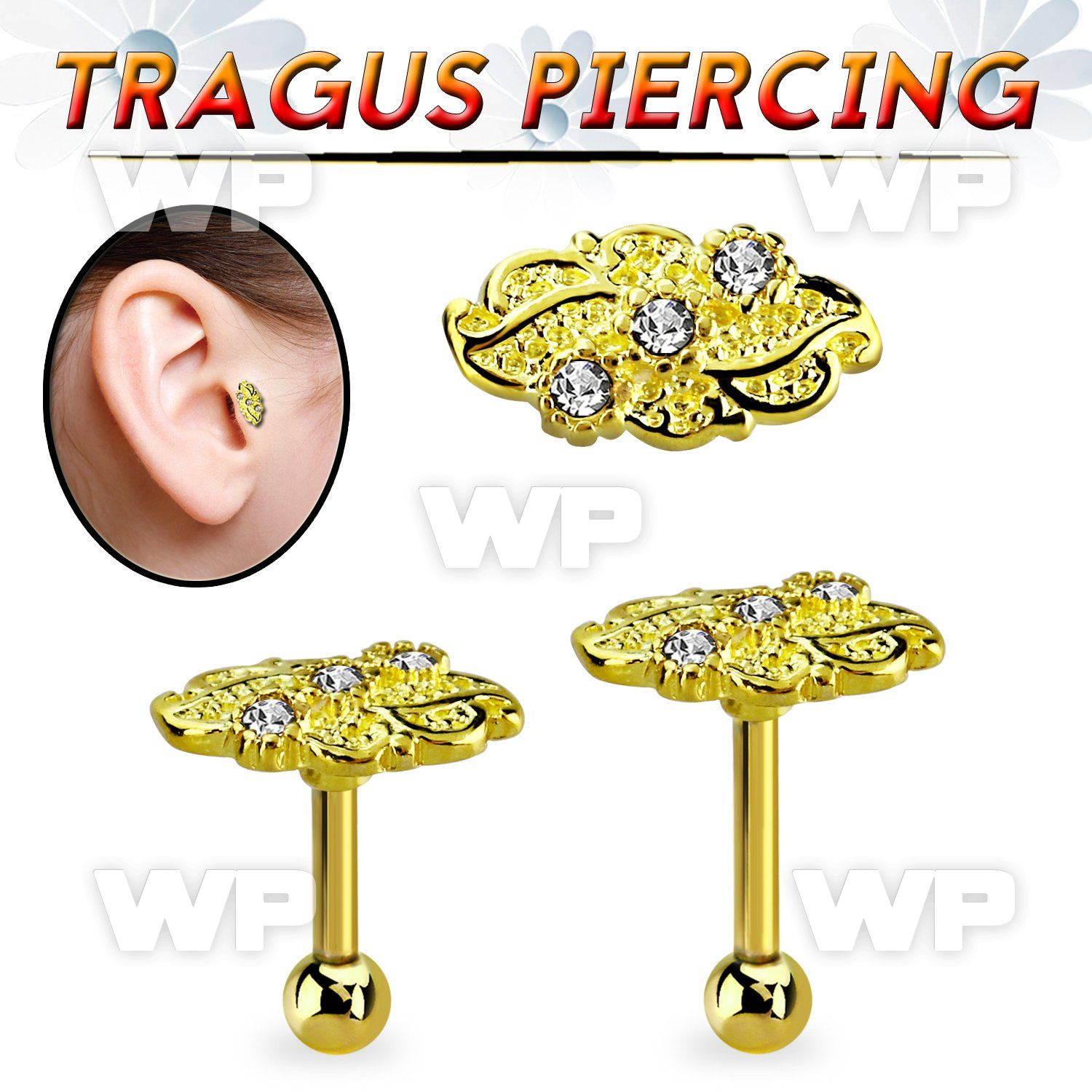 trgt40 gold 316l steel tragus piercing 16g w leaf top w crystal
