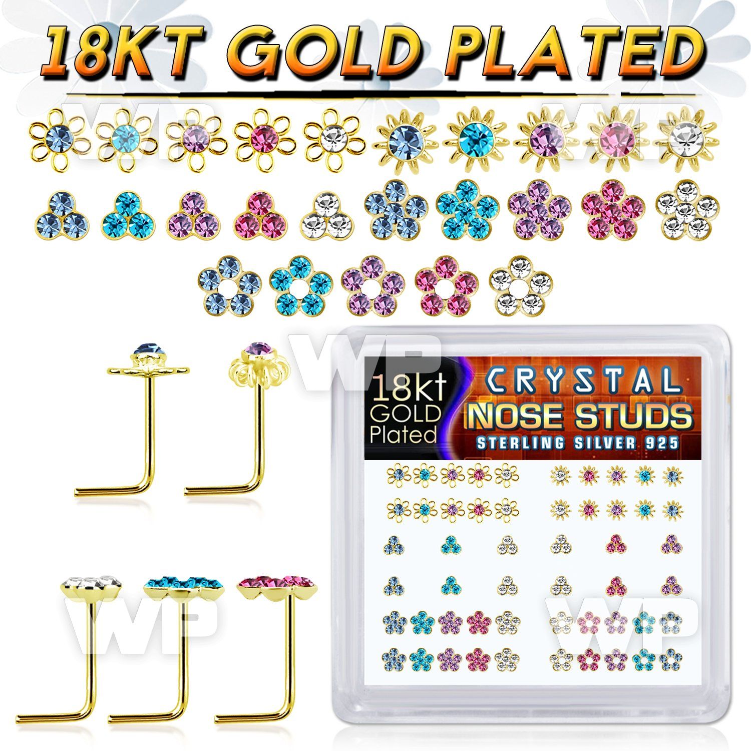 u34fjlji 18kt gold finish silver nose pins color flower 52