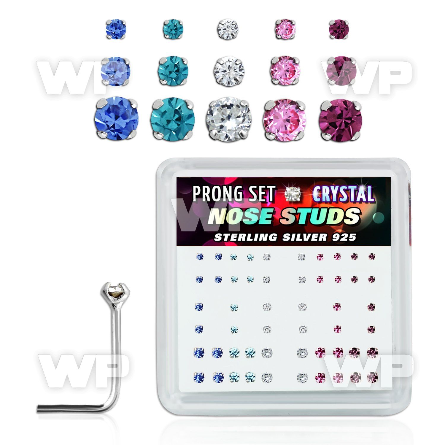 u34fm4j box w silver 925 l shaped nose studs sizes mix round crys nose piercing