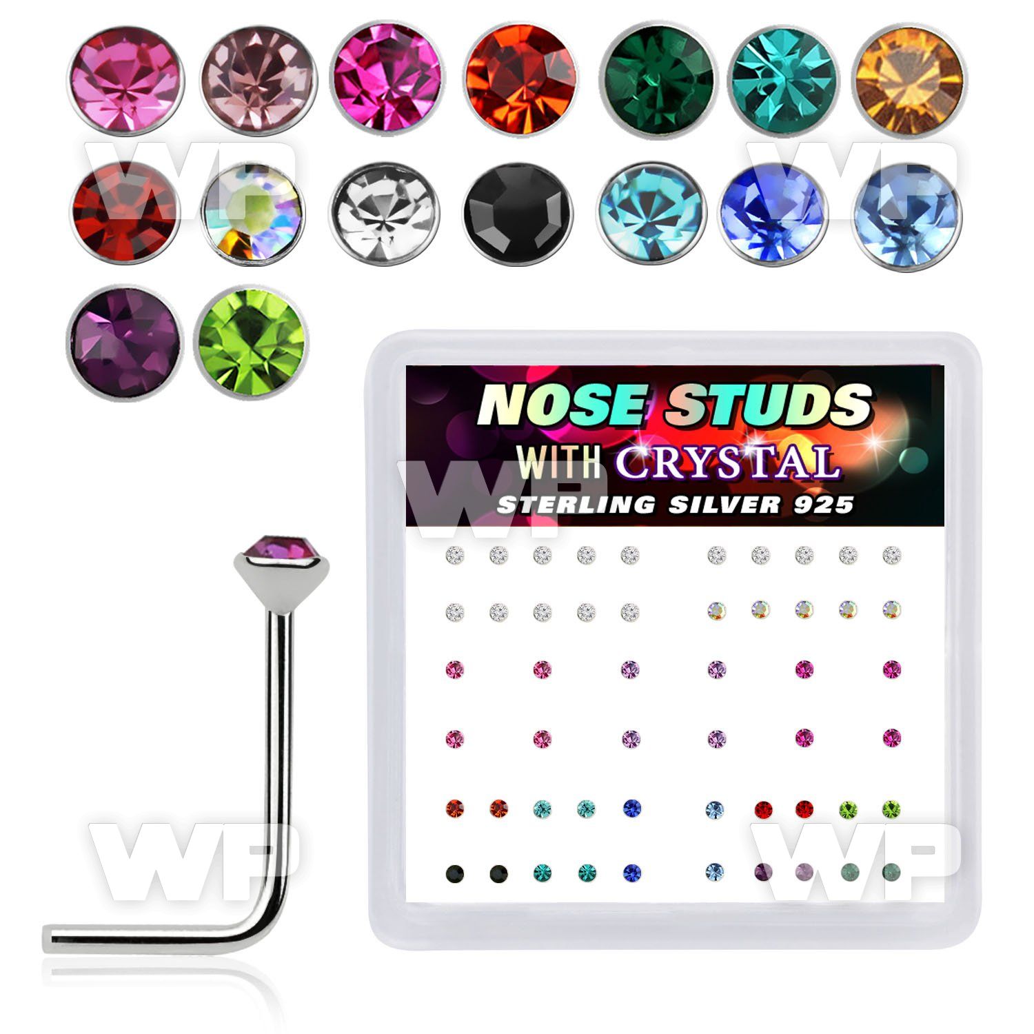 u3a14fj box w silver 925 l shaped nose studs 1 5mm crystal tops nose piercing