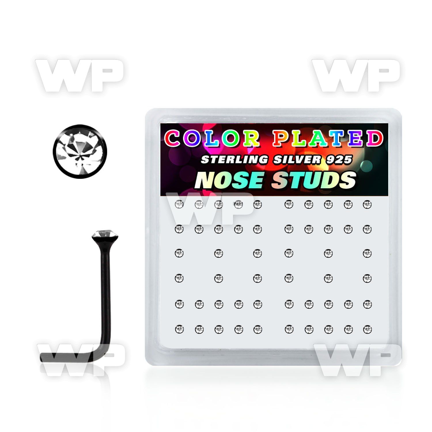 u3a44f6 box of black plated silver 925 l shaped nose studs clear nose piercing