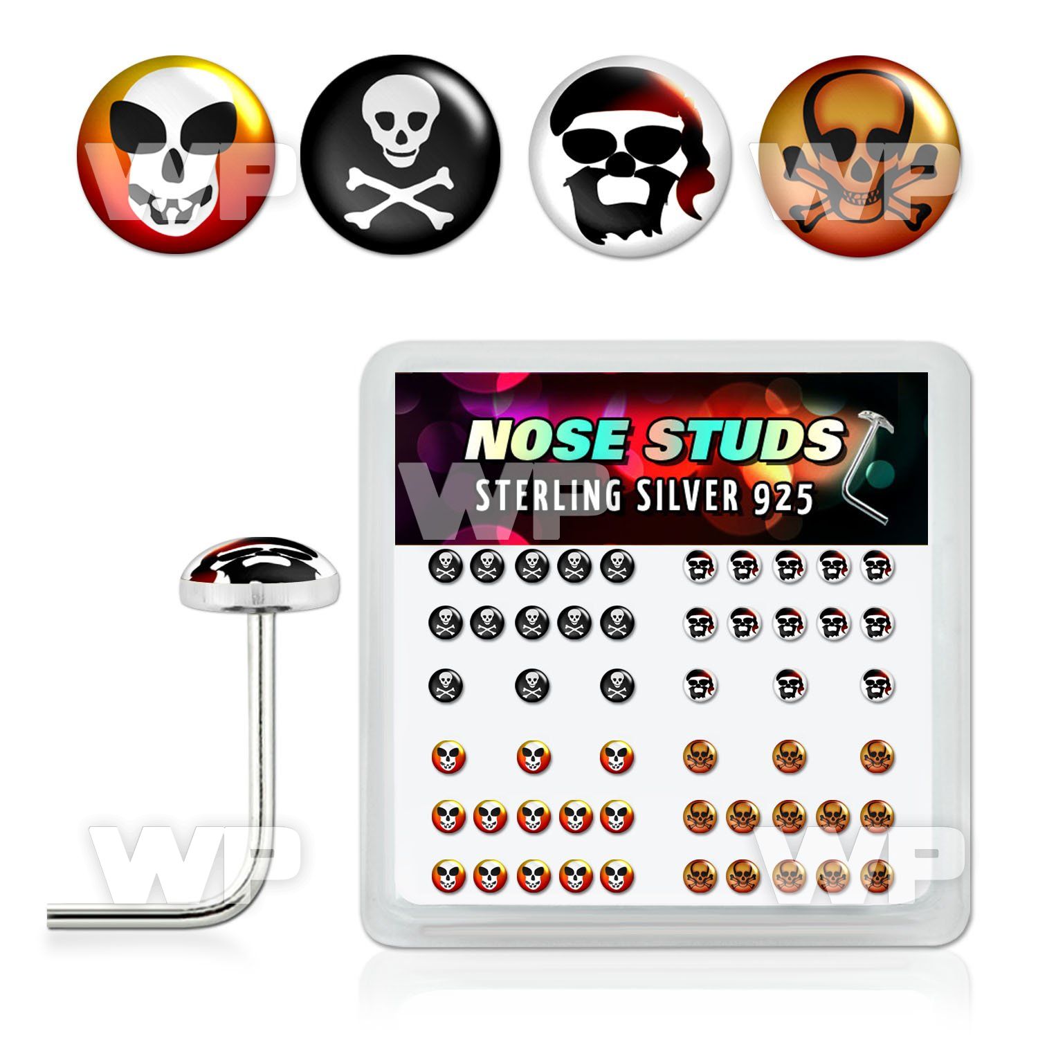 u3bifk box w silver 925 l shaped nose studs assorted skull logo nose piercing