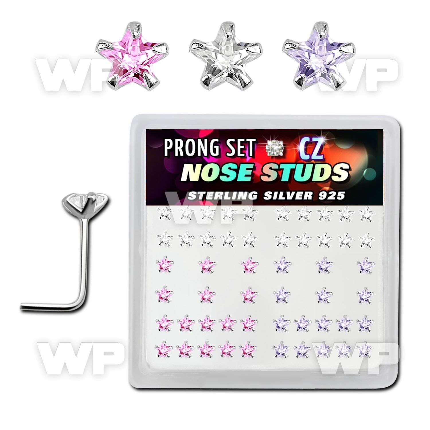 u3g43j box w silver 925 l shaped nose studs 3mm star shaped pron nose piercing
