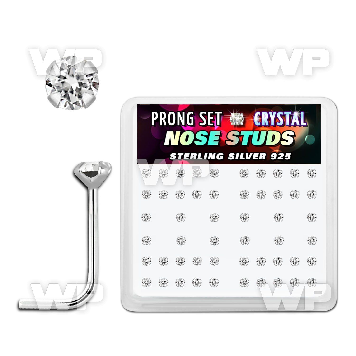 u3me06f box w silver 925 l shaped nose studs 2mm prong set clear nose piercing