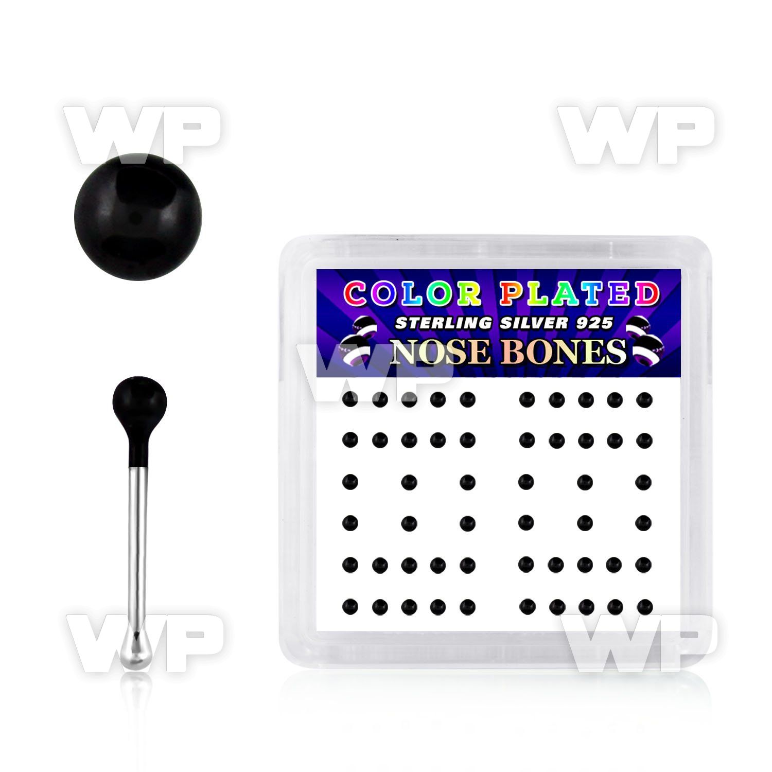 u4244fk box w silver 925 nose bone 2mm black plated ball shaped nose piercing