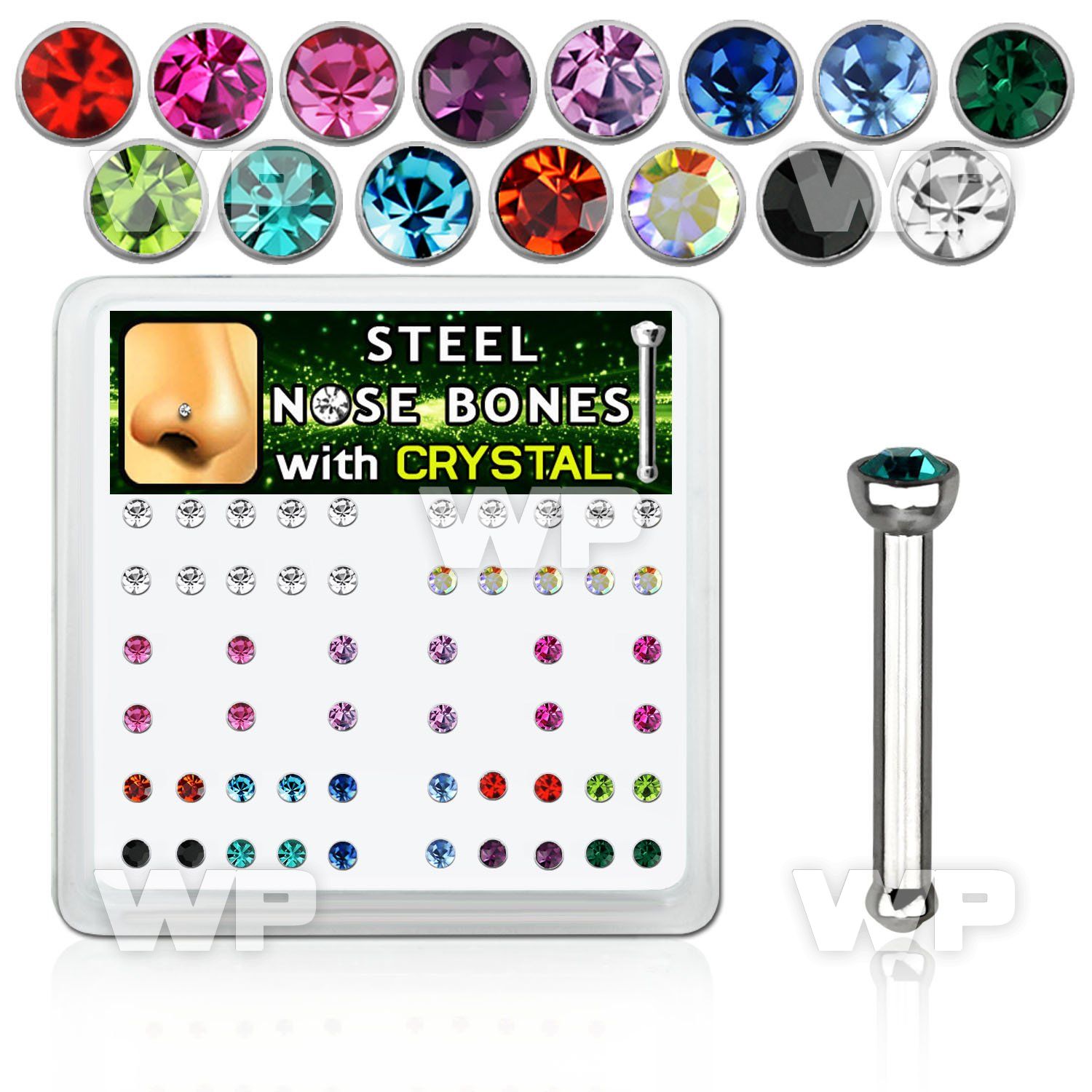 u43fj box w 316l steel nose bone 1mm 2mm round crystal tops nose piercing