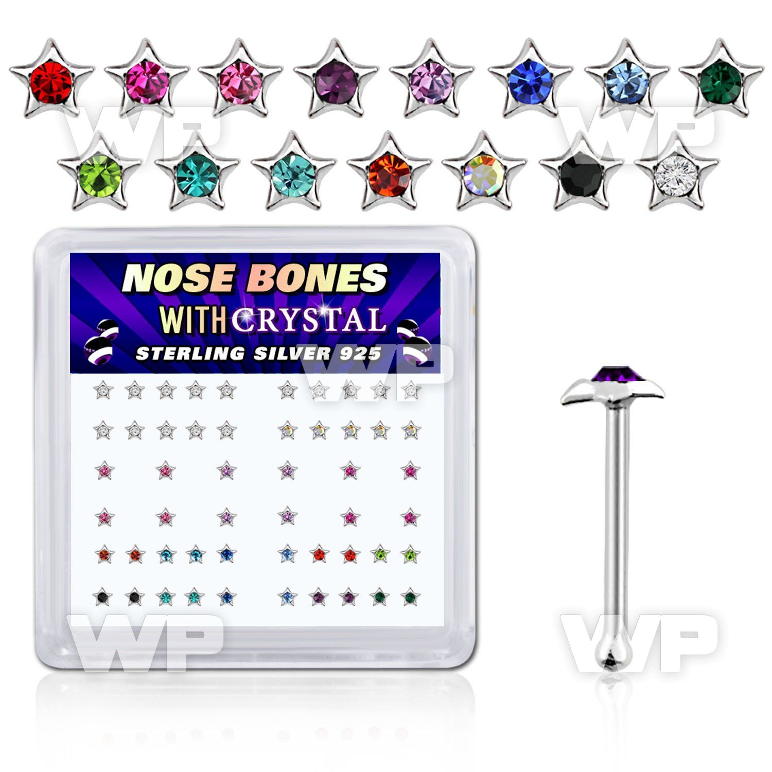 u43rfj box w silver 925 nose bone star shaped tops round center nose piercing
