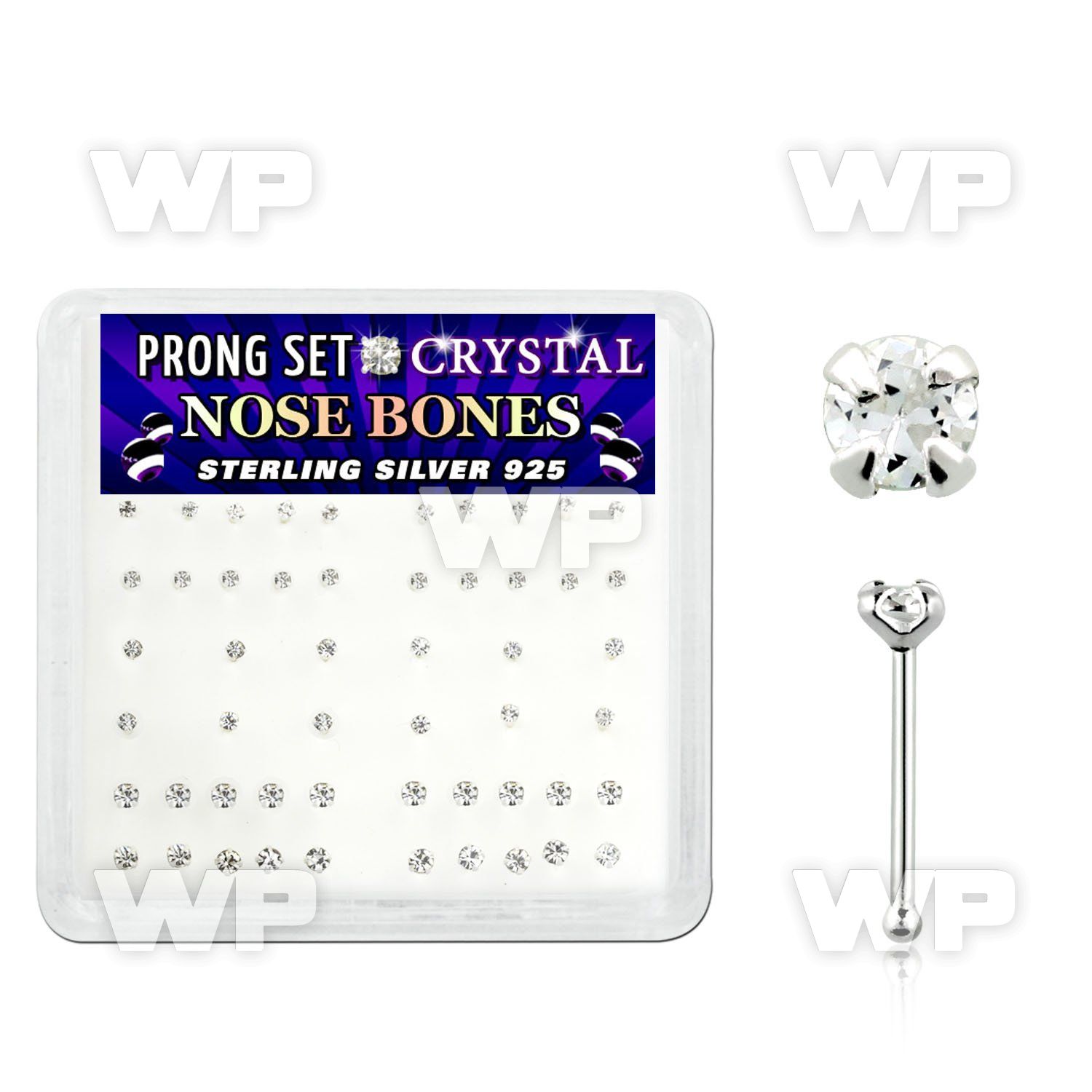 u44fm46 box w silver 925 nose bone assorted sizes mix prong set nose piercing