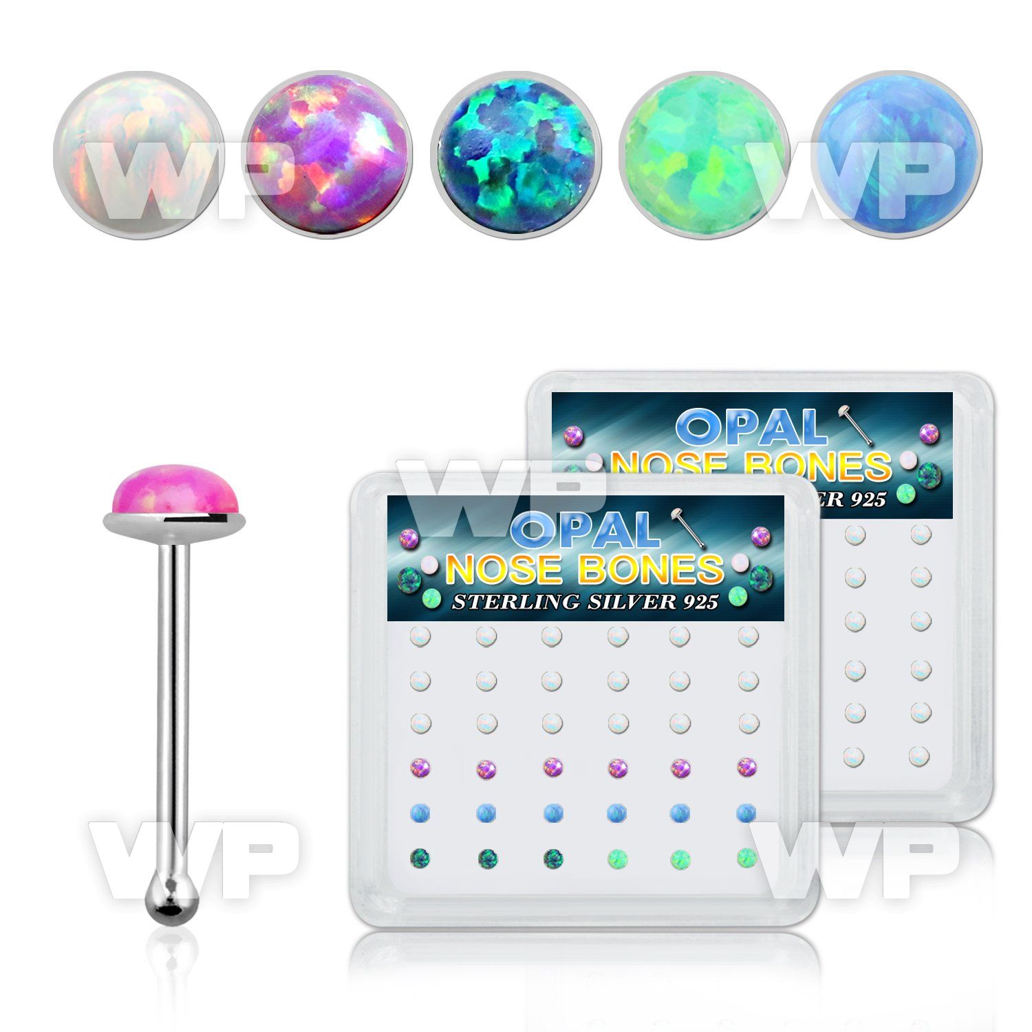 u45k box w silver 925 nose bone 2mm round synthetic opals nose piercing