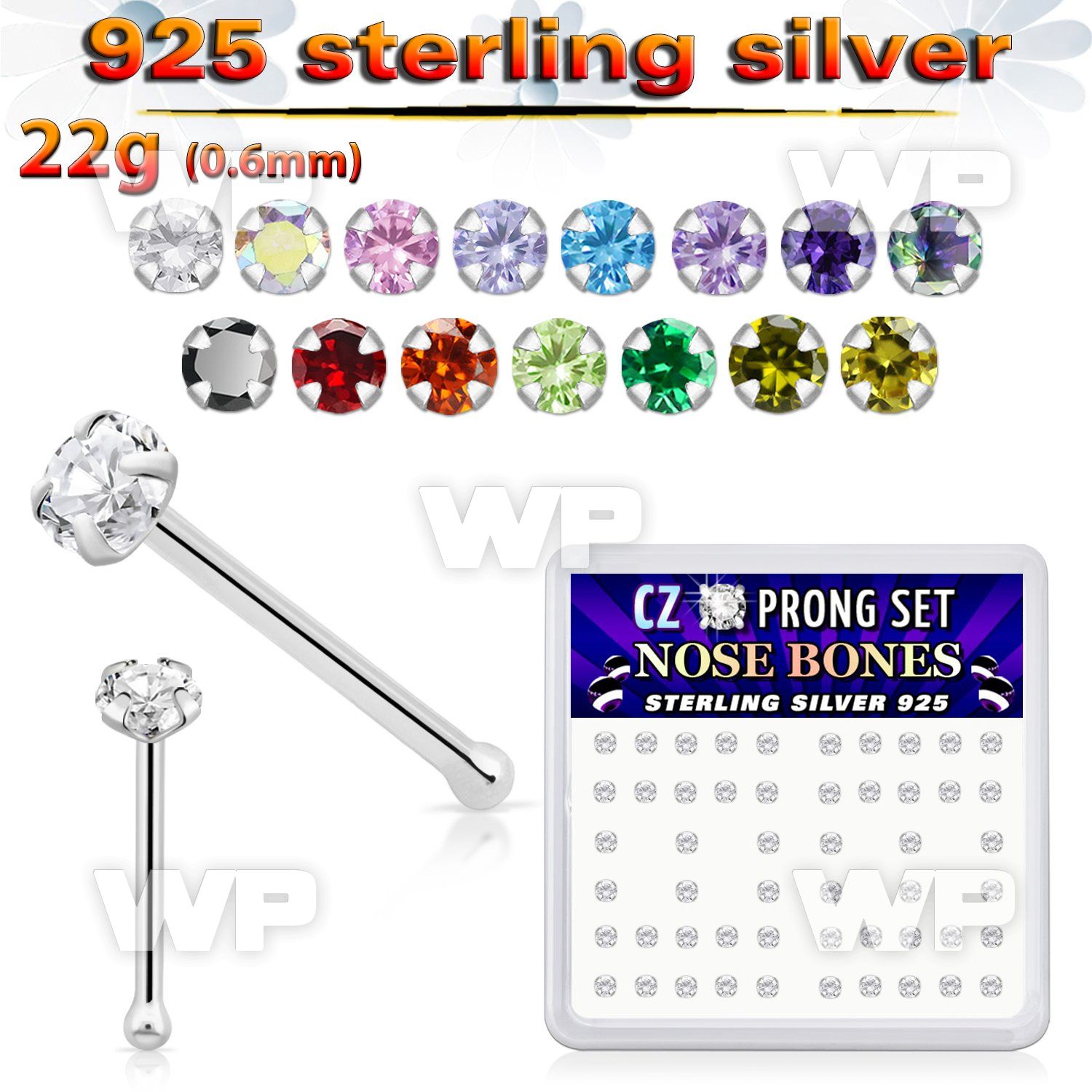 u46g4f6 box w silver 925 nose bone 2mm round prong set clear cz nose piercing