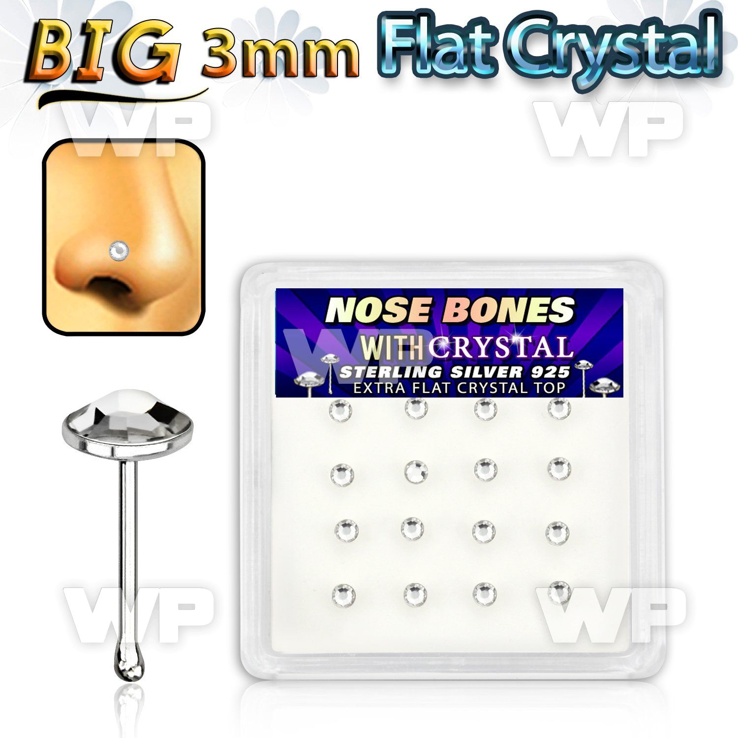 u4d4ey6 box w silver 925 nose bone round extra flat clear 3mm nose piercing
