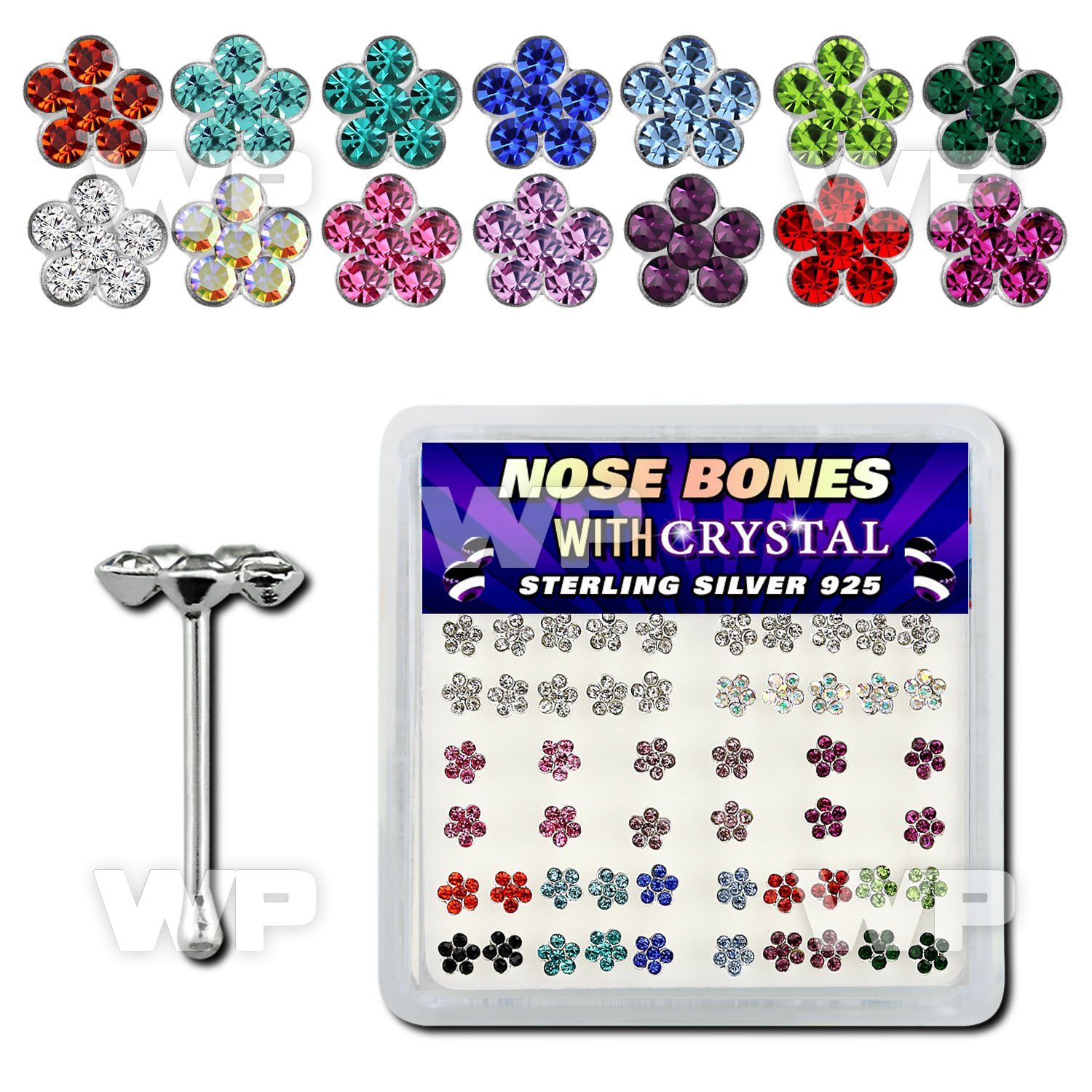 u4db4f3 box w silver 925 nose bone 1mm crystal flower design top nose piercing