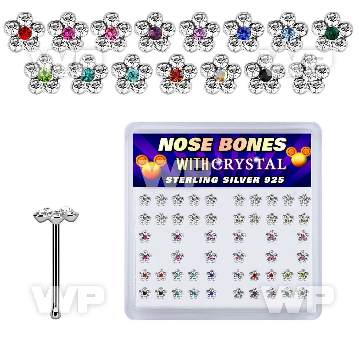 u4db4f3k box w silver 925 nose bone 1mm crystal flower design top nose piercing