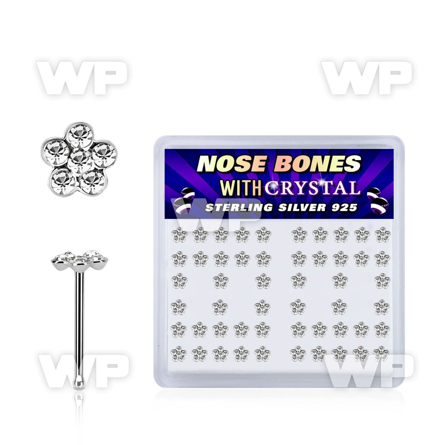 u4db4f6 box w silver 925 nose bone 1mm clear crystal flower desi nose piercing