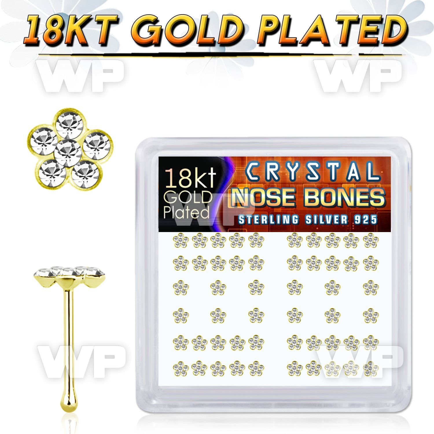 u4db4f6i 18k gold plated silver nose bones clear flower