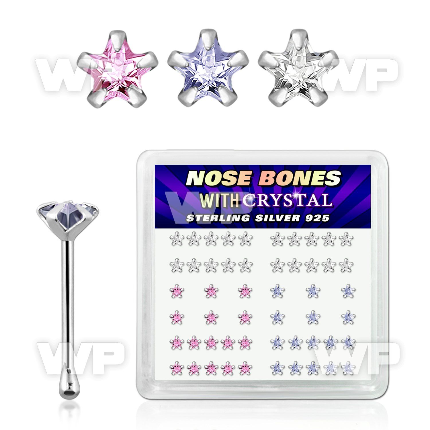 u4g3j box w silver 925 nose bone 3mm star shaped prong set cz nose piercing