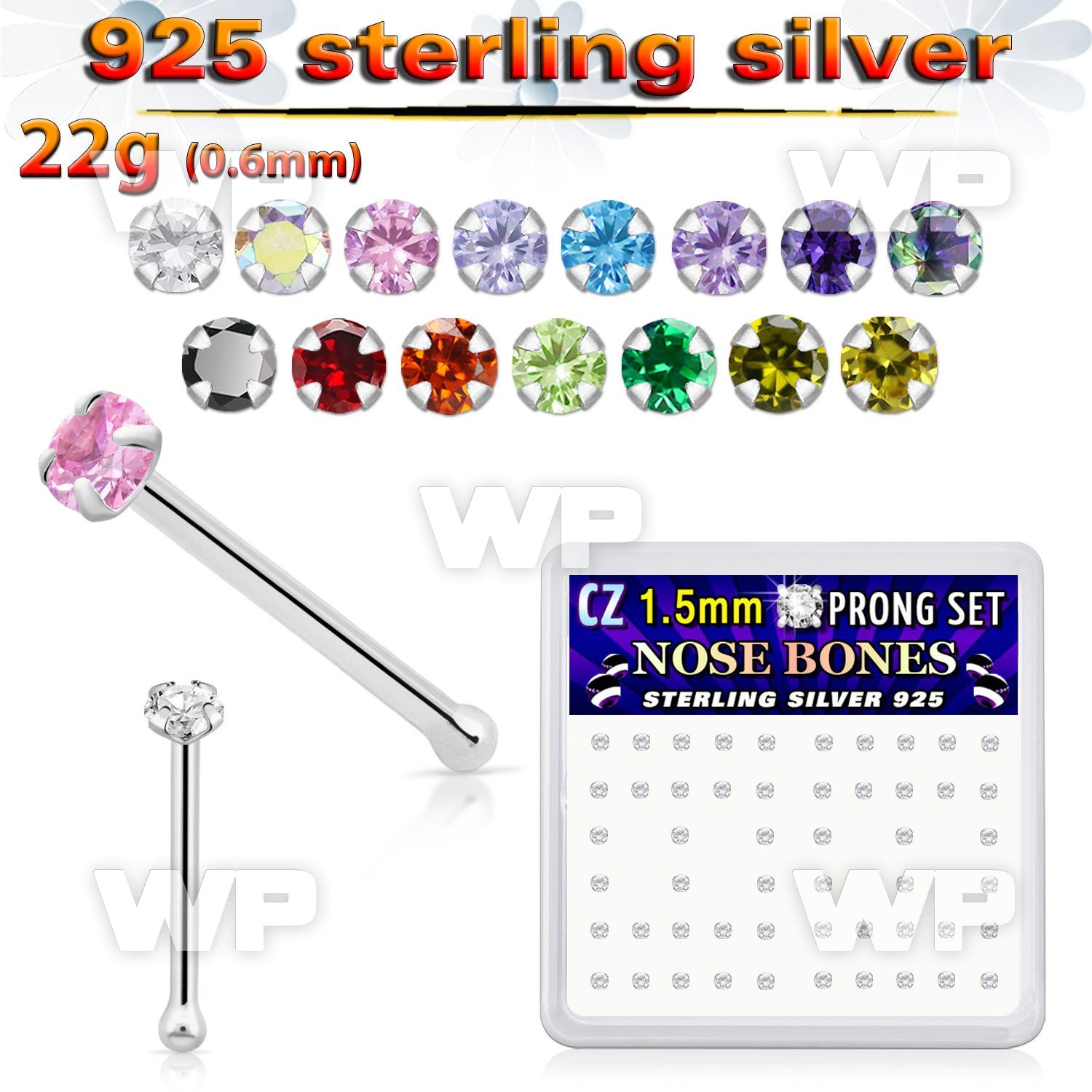 u4g4f6 box w silver 925 nose bone 1 5mm round clear prong set nose piercing