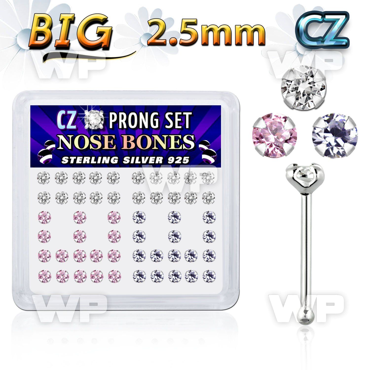 u4g4jks box w silver 925 nose bone big 2 5mm prong set cz ston nose piercing