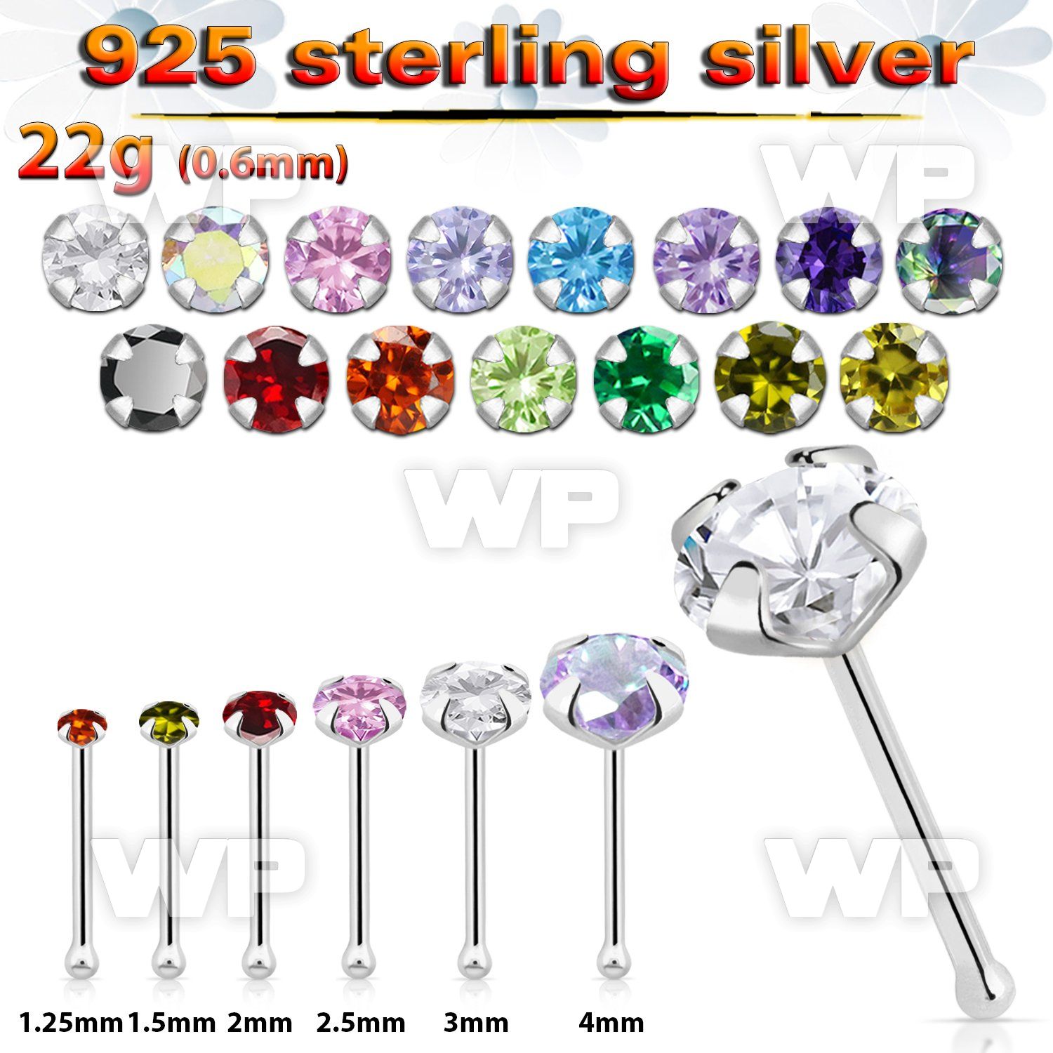 u4g silver nose pin 22g round claw set cz