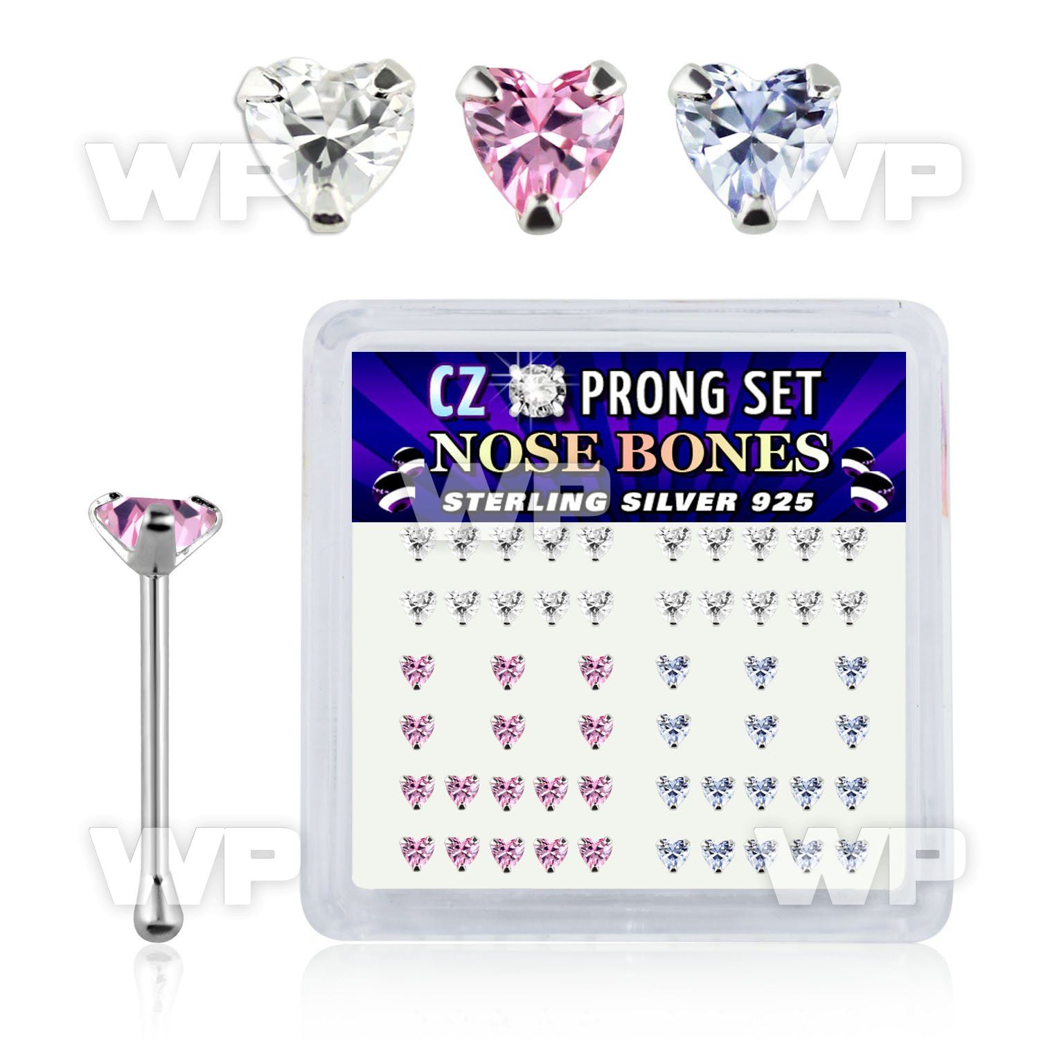 u4gxj box w silver 925 nose bone 3mm heart shaped prong set nose piercing