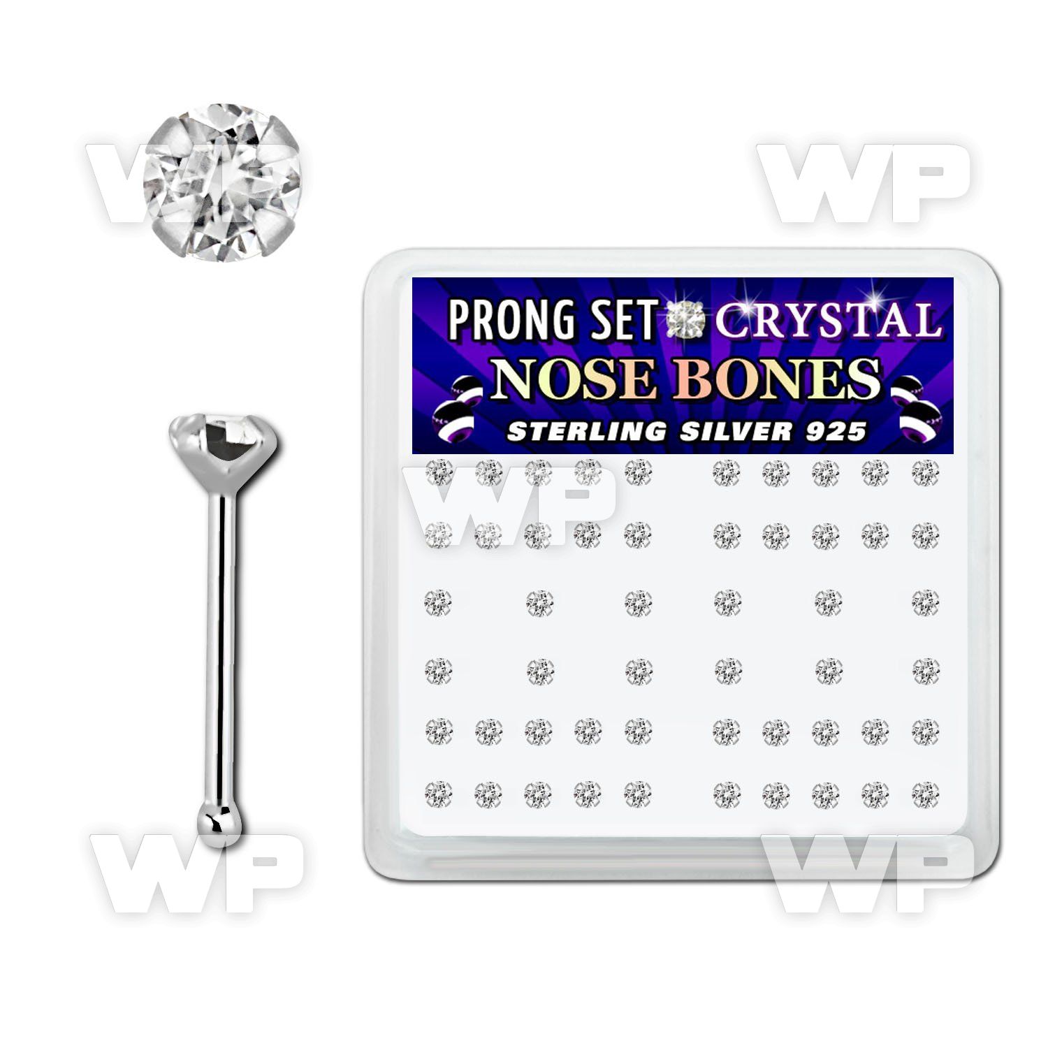 u4me06f box w silver 925 nose bone 2mm prong set clear round cry nose piercing