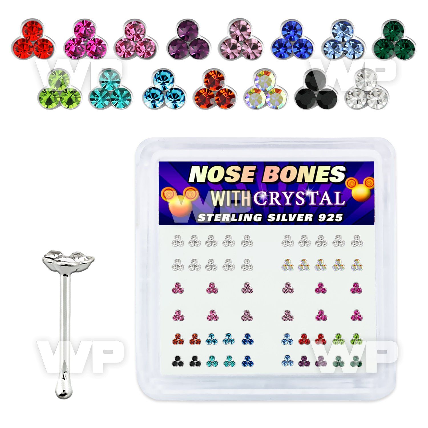 u4raj box w silver 925 nose bone 1mm triple round crystal tops nose piercing