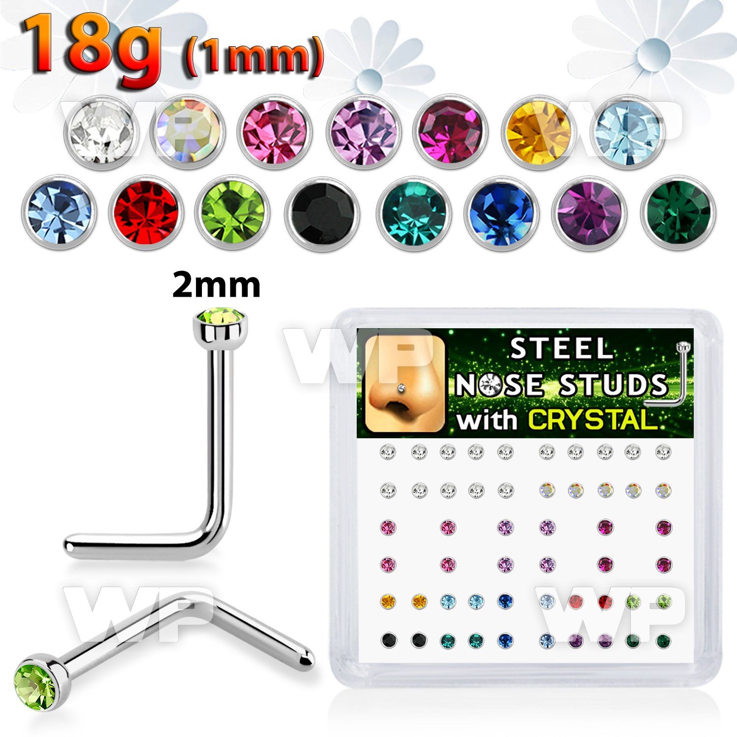 ub6etfj steel nose pins round colored crystal tops