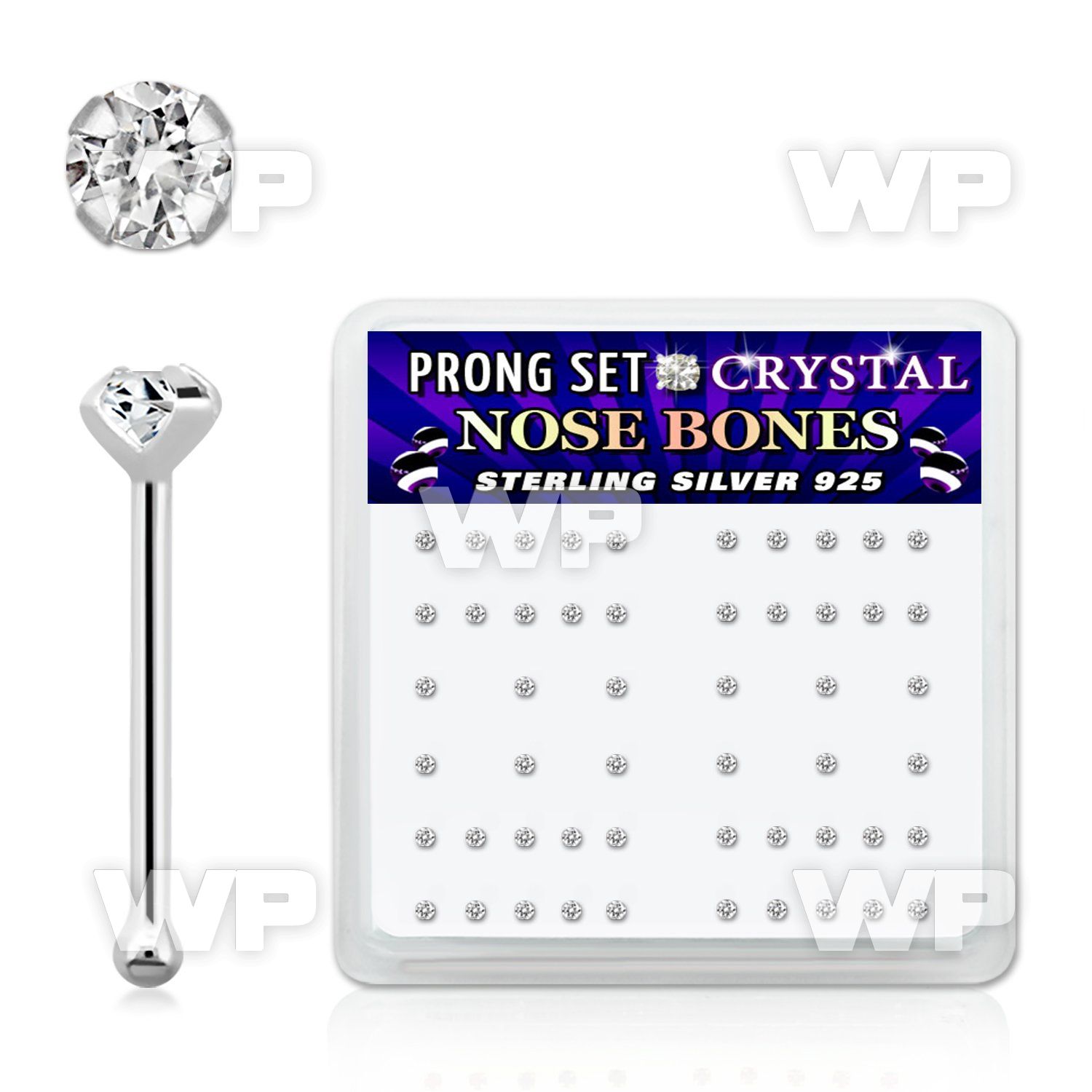 um463 box w silver 925 nose bone 1 4mm round clear prong set nose piercing
