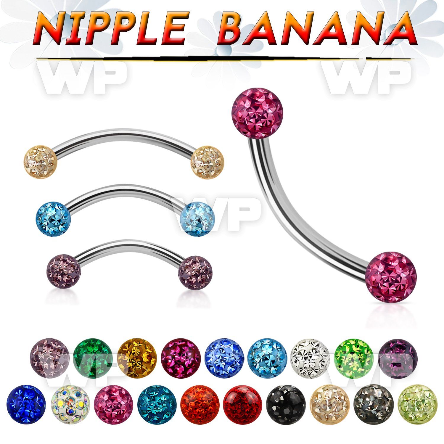um4uda0 surgical steel nipple banana 4mm multi crystal ferido balls resin cover