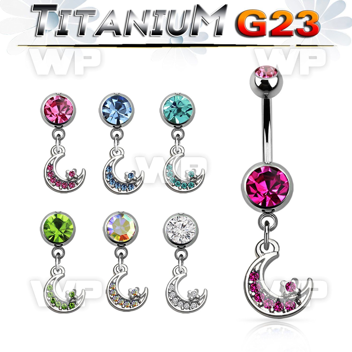 umcd734 titanium g23 belly banana, w a dangling moon w crystals