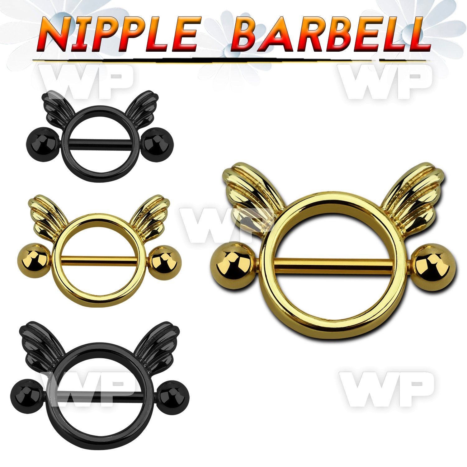 umrz black or gold plated round nipple shield small wings sur nipple piercing