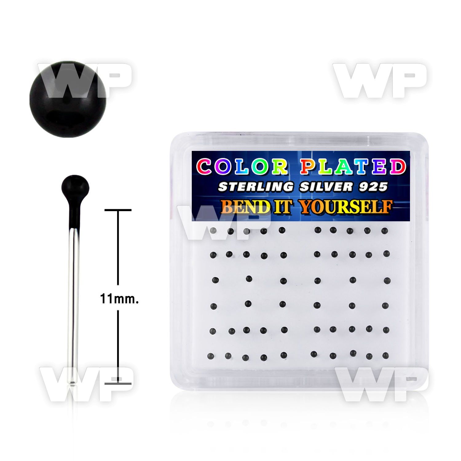 un244f box w silver 925 un bent nose stud 1 5mm black plated bal belly piercing